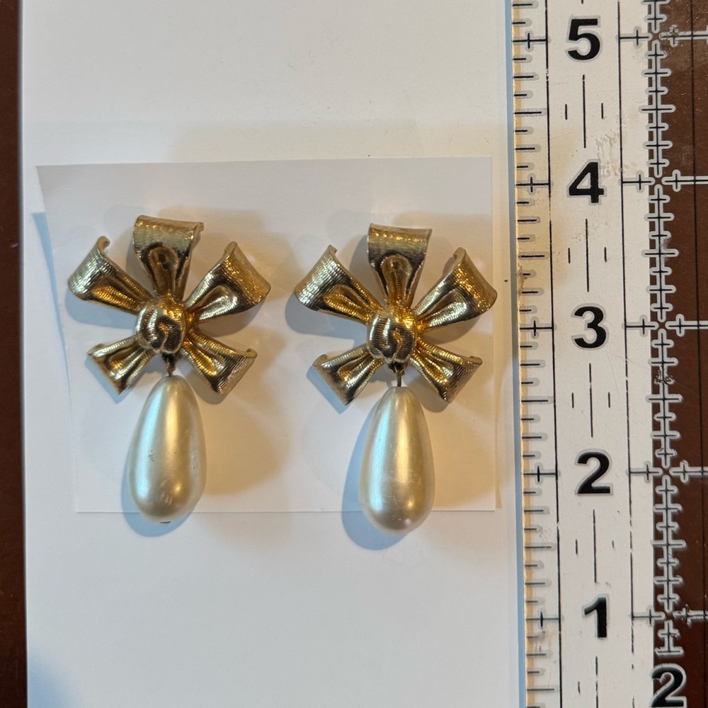 Gold Bow Pearl Drop Earrings